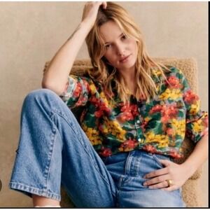 Sezane Pierro Shirt Floral Print Cotton Silk Blend Button Down Watercolor 40
